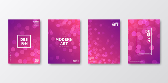 Set of four vertical brochure templates with modern and trendy backgrounds, isolated on blank background. Abstract illustrations with defocused lights and a bokeh effect. Beautiful color gradient (colors used: Red, Pink, Purple). Can be used for different designs, such as brochure, cover design, magazine, business annual report, flyer, leaflet, presentations... Template for your own design, with space for your text. The layers are named to facilitate your customization. Vector Illustration (EPS file, well layered and grouped). Easy to edit, manipulate, resize or colorize. Vector and Jpeg file of different sizes.