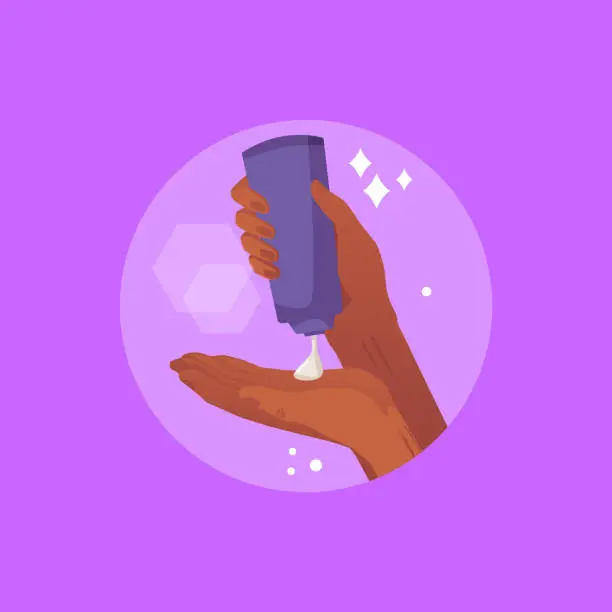 Vector illustration of Round icon with woman hands holding cream tube flat style