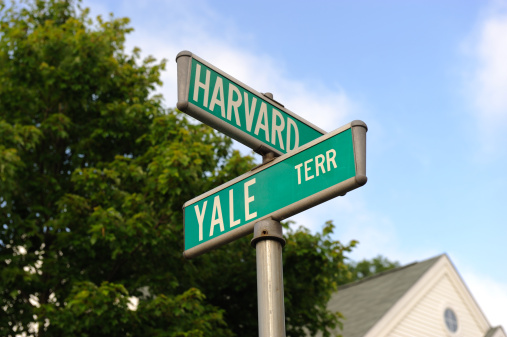 Road signs for Harvard and Yale.