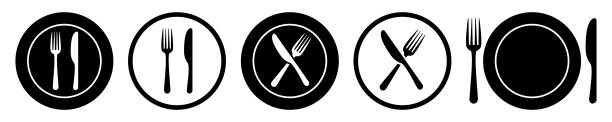 set plate, gabel und messer icons - vector - flatware silverware in a row eating utensil stock-grafiken, -clipart, -cartoons und -symbole