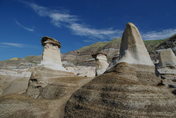 Hoodoos Hoodoos in the Alberta badlands near Drumheller.  Hoodoos form when the softer underlying material erodes faster than the harder capstone.  When the capstone is lost, the underlying material erodes quickly to form a peak. horseshoe canyon stock pictures, royalty-free photos & images