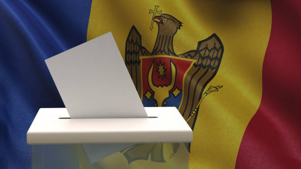 istock Blank ballot with space for text or logo is dropped into the ballot box against the backdrop of the flag of Moldova. Election concept. 3D rendering. Mockup 1467559449