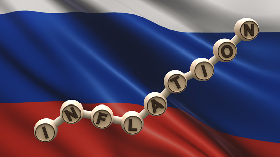 Wooden cylinders with the inscription Inflation in the form of an ascending graph on the background of the flag of Russia Place for text or logo. Economy. Finance. 3D rendering