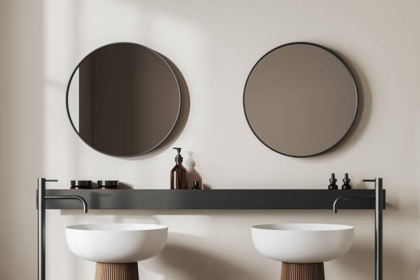 istock Light bathroom interior with washbasins and mirror, accessories on shelf 1467560293