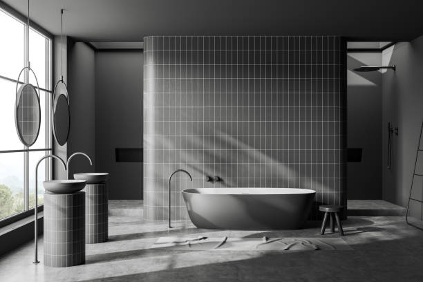 istock Grey bathroom interior with bathtub and double sink, window. Empty wall 1467560429