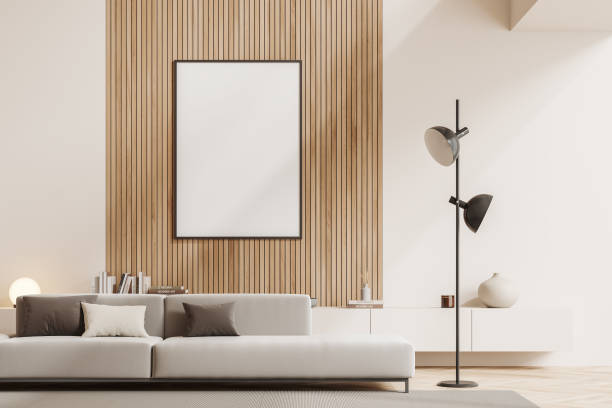 istock Light relaxing room interior with couch and decoration. Mockup frame 1467560553