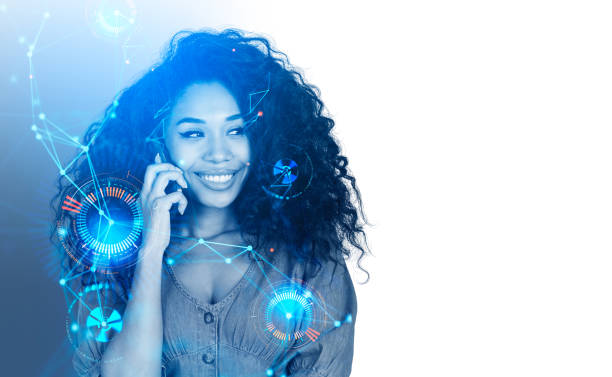istock African woman calling, artificial intelligence and diverse circuit. Copy space 1467560595
