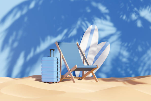 A deck chair, luggage and two surfboards 3d render