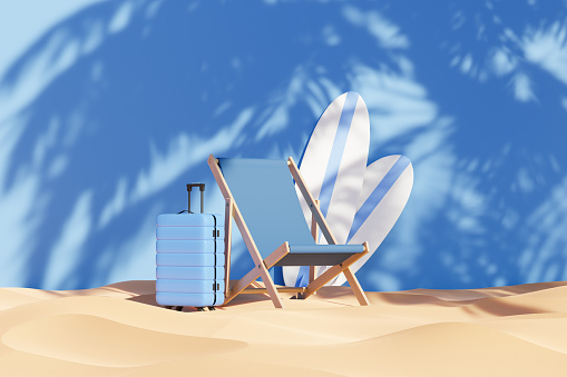 A deck chair, luggage and surfboards on a beach covered by the shadow of a palm tree with blue background 3d illustration