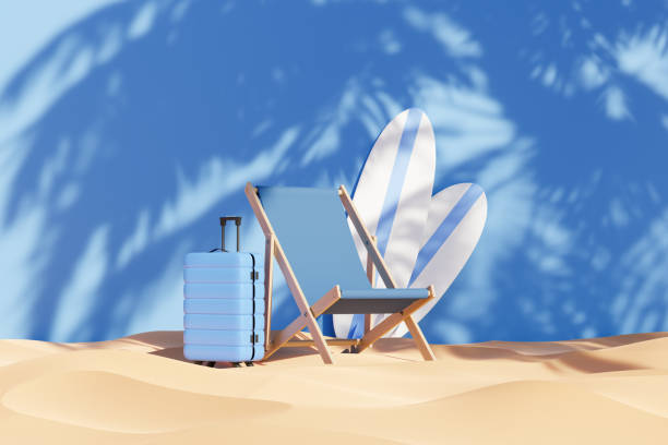 A deck chair, luggage and two surfboards 3d render stock photo
