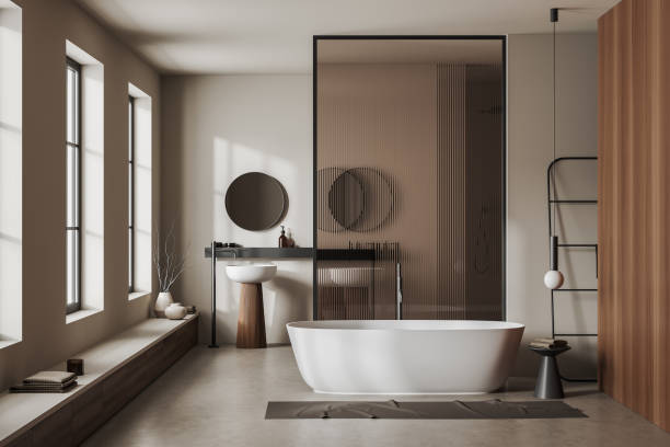 istock Light bathroom interior with tub and double sink, panoramic window 1467560925