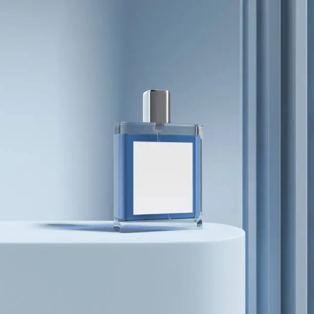 Perfume flacon on podium stand on blue background. Concept of cosmetics and fragrance. Mockup for product display. 3D rendering
