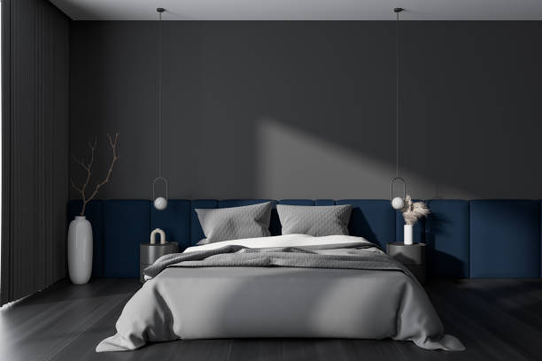 istock Grey bedroom interior with bed and decoration. Mockup wall 1467561020