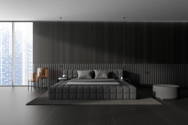 istock Wooden bedroom interior with bed and pouf, panoramic window 1467562118