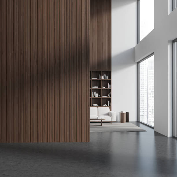 istock Front view on bright living room interior with wooden wall 1467562500
