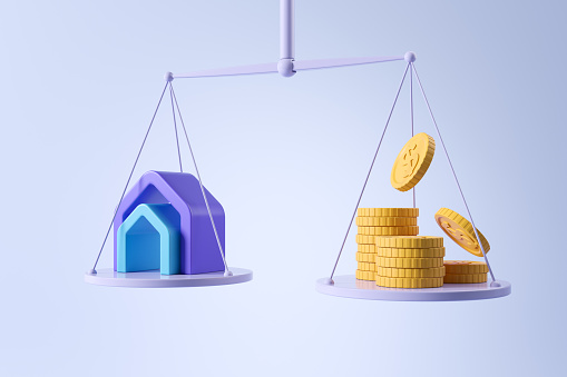 Purple balanced scale with abstract house sign and dollar coins, blue background. Concept of investment and sale. 3D rendering