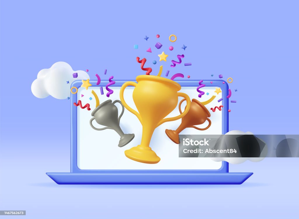 Computer Winning Prize 3d Winner Computer With Gold Trophy And Confetti Stock Illustration ...