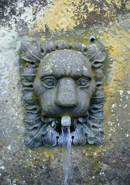 Close up of an ancient stone bas relief carved lion head fountain with water pouring out of the lion's mouth.  Mottled stone background.