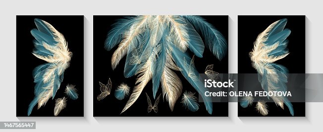 istock Set of modern creative gold and the color of a sea wave feathered butterfly. Illustrations for home decor, banners, and prints. Vector illustration. 1467565447