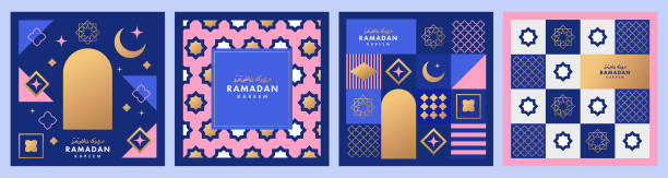 ilustrações, clipart, desenhos animados e ícones de pôster do ramadã kareem, conjunto de capas de fim de ano. cartão de felicitações islâmicas, modelo de banner. tradução de texto em árabe ramadan kareem. design bonito moderno com padrão de estilo geométrico em azul, ouro, cor rosa - ramadan