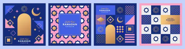 Vector illustration of Ramadan Kareem poster, holiday cover set. Islamic greeting card, banner template. Arabic text translation Ramadan Kareem. Modern beautiful design with geometric style pattern in blue, gold, pink color