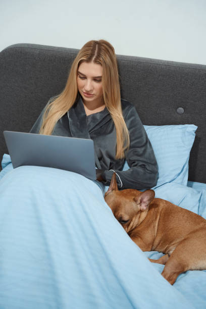 istock Concentrated female freelancer working on laptop in bedroom 1467571140