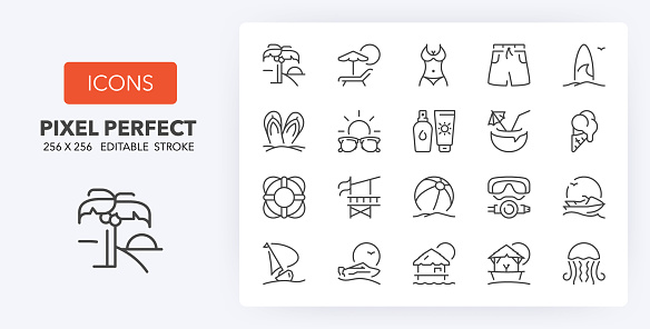 Set of thin line icons of beach activities and summer. Outline symbol collection. Editable vector stroke. 256x256 Pixel Perfect scalable to 128px, 64px...