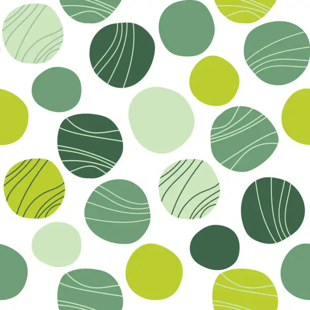 Vector illustration of Doodle circles with wavy lines. Abstract green seamless pattern for textiles, wrapping paper, fabrics, backgrounds, postcards, posters