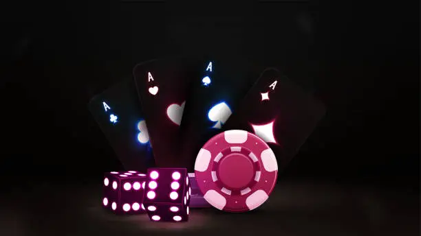 Vector illustration of Black playing cards, dice and casino chips in dark scene