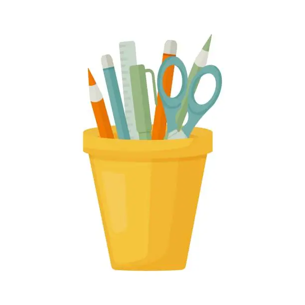 Vector illustration of stand with pens, pencils, scissors and ruler on white background