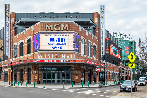 Boston, MA, USA, January 29, 2023: vies of the architecture of the famous Fenway Park Stadium showcasing the facade of the brand-new MGM Music Hall attached to the historic stadium.