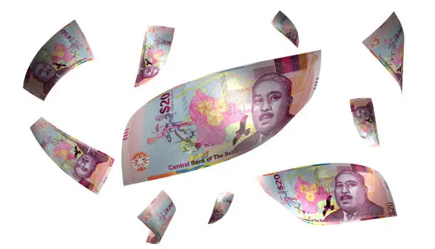 Photo of 3D Render Set of Flying Bahamas 20 Dollars Money Banknote