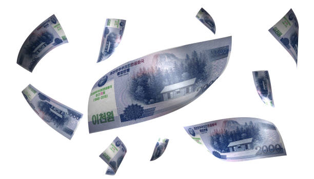 3D Render Set of Flying North Korea 2000 Won Money Banknote