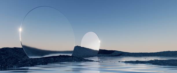 istock 3d rendering, abstract panoramic background, northern seascape, fantastic scenery with calm water, flat geometric mirror arches and plain gradient sky. Aesthetic landscape wallpaper 1467579547