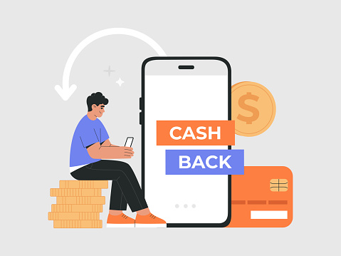 Young man with smartphone receives cashback from online payment. Internet transaction, money saving. Mobile phone screen with arrow, dollar coins, credit card. Vector illustration, flat cartoon style.