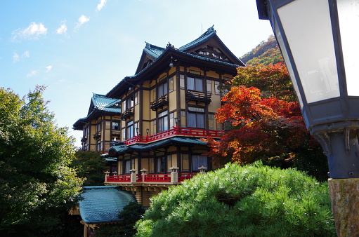 Kanagawa Hakone,Japan – November,12 2016:This is The Fujiya Hotel .It is one of the oldest hotel in Japan founded in 1878.This building was designed with the Japanese taste and built in 1936 with its temples/shrine-like roof.And its traditional ‘Azekura’square log architecture style wall