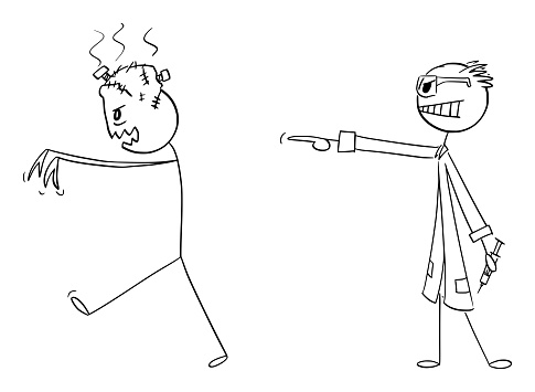 Angry evil or mad scientist ordering monster to attack , vector cartoon stick figure or character illustration.