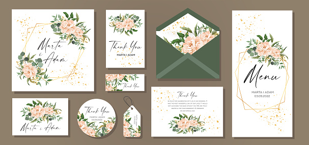 Wedding invitation set with flowers Peony and leaves, watercolor, isolated on white.  Vector elegant cute rustic.