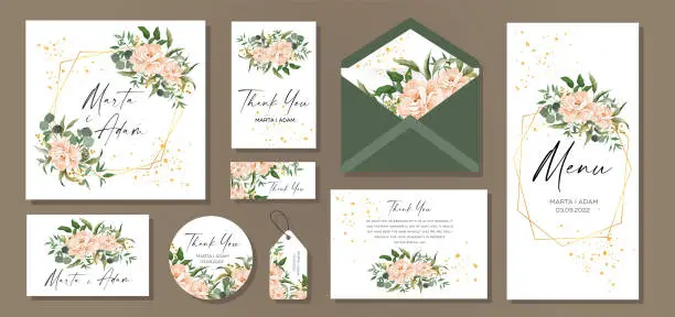 Vector illustration of Wedding invitation set with flowers Peony and leaves, watercolor, isolated on white.  Vector elegant cute rustic.