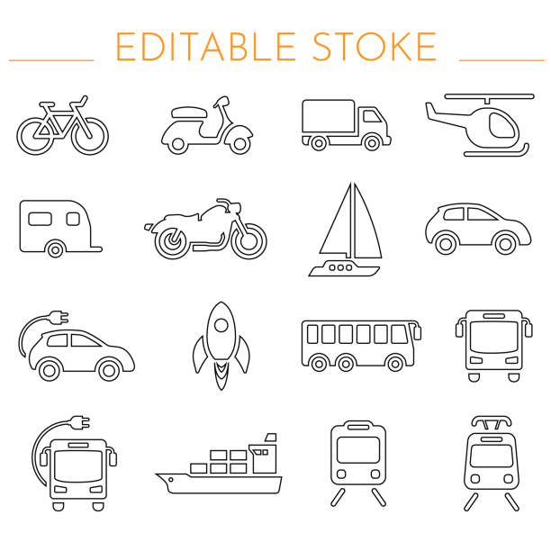 значки транспортных средств. редактируемый штрих - silhouette bus symbol motor scooter stock illustrations