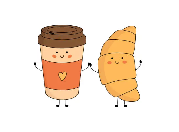 Vector illustration of Cute croissant and paper coffee cup characters with smiling face, hands and legs. Funny, happy cartoon mascot. Vector flat illustration