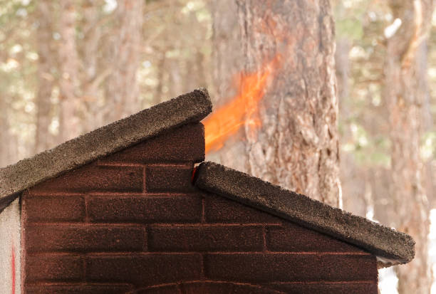 Fire from the BBQ (Barbecue) Chimney in the forest in winter