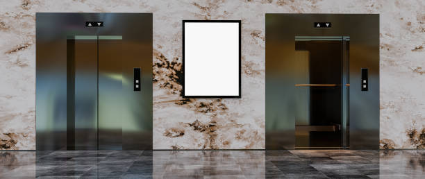 istock 3D illustration. Mockup billboard and two elevators. Useful for your advertising. Panoramic 3D rendering 1467588769