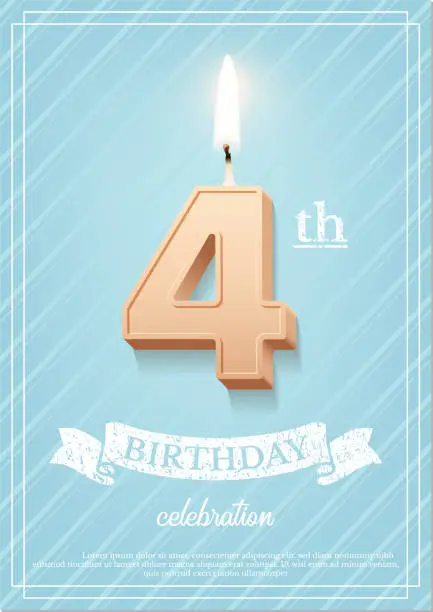 Vector illustration of Burning number 4 birthday candle with vintage ribbon and birthday celebration text on textured blue background in postcard format. Vector vertical four birthday invitation template