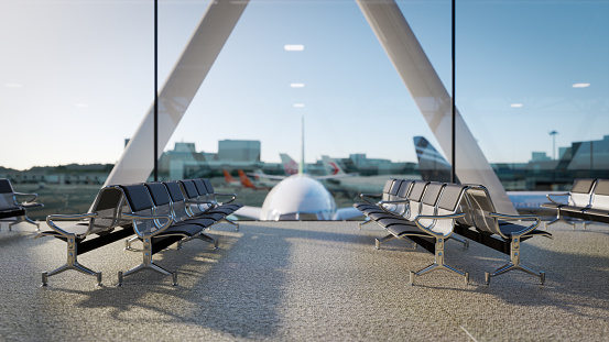 Empty seat in the airport  departure lounge. 3D Render