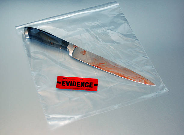 Crime Scene Knife in Evidence Bag Plastic Ziplock bag with Black handled knife which has blood stains and a fingerprint, and a evidence sticker in red evidence bag stock pictures, royalty-free photos & images