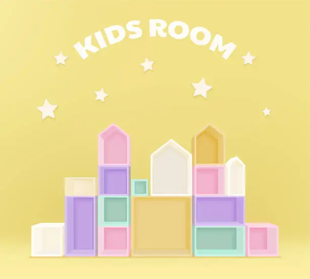 Vector illustration of Furniture, bookshelf for kids room. 3D mockup of empty cabinet with shelves on the wall. Showcase for toys. Blank retail storage space. Build interior design furniture. Children toy house building kit