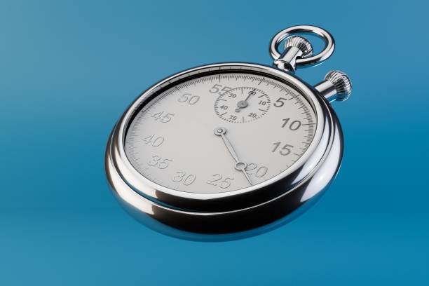istock Classic metallic chrome mechanical analog stopwatch isolated on blue background. 3d render 1467593921