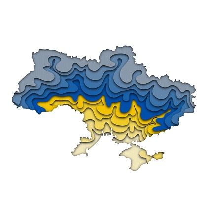 Ukraine Map silhouette in paper cut technique.