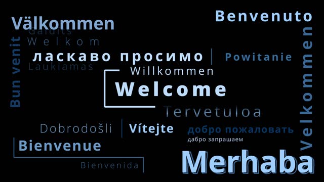 Welcome word cloud in different european languages like swedish czech danish turkish german portugues spanish rumanian frensh and polish as well as ukrainian and russian as multi-lingual word cloud